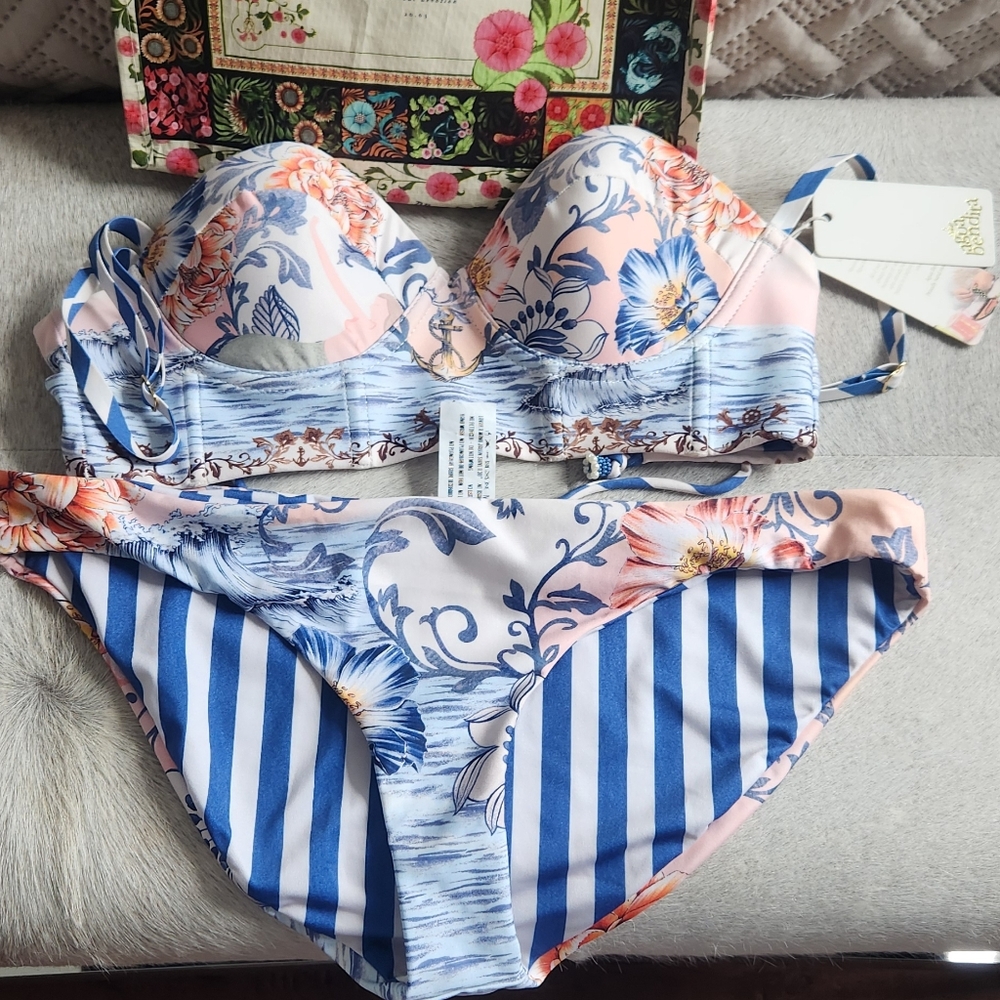 Floral and Striped Bikini Set agua bendita top size s and bottom size L